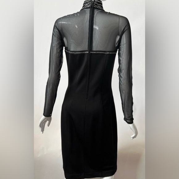 1990S TADASHI BLACK VINTAGE EVENING DRESS W SHEER SLEEVES & RHINESTONES - Picture 2 of 8